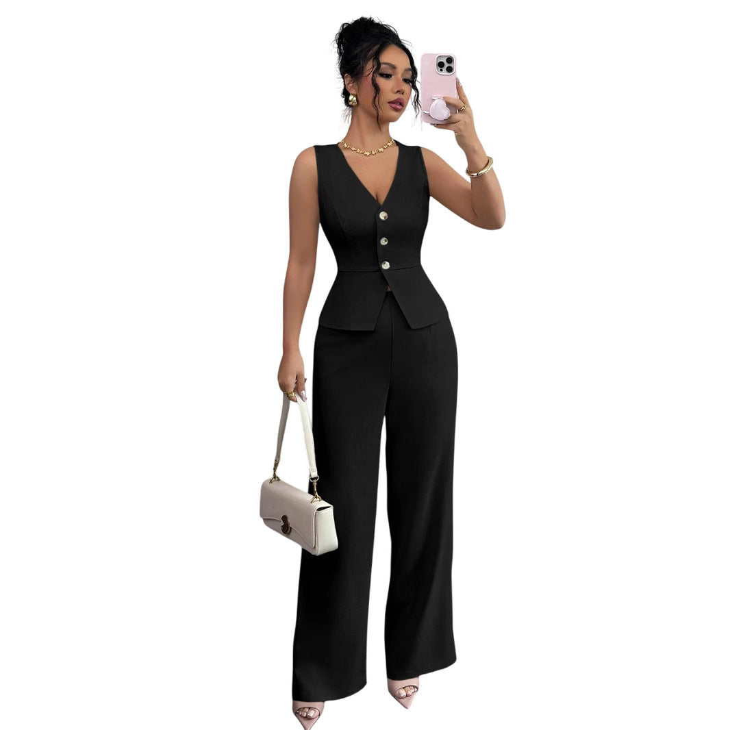 Solid Color Sleeveless Slim Fit Two-piece Set