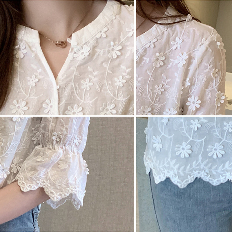 Lace Shirt Flared Embroidered Blouse
