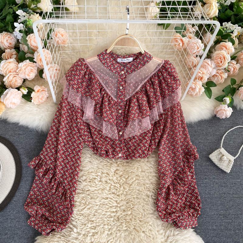 See-through Mesh Ruffled Blouse