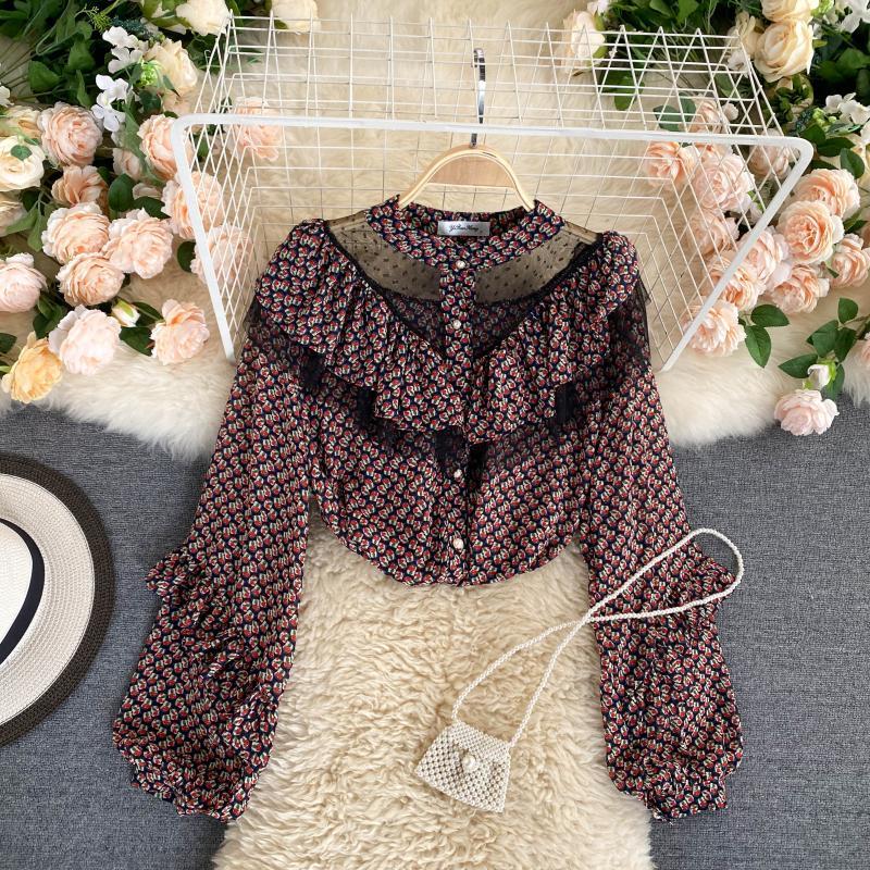 See-through Mesh Ruffled Blouse