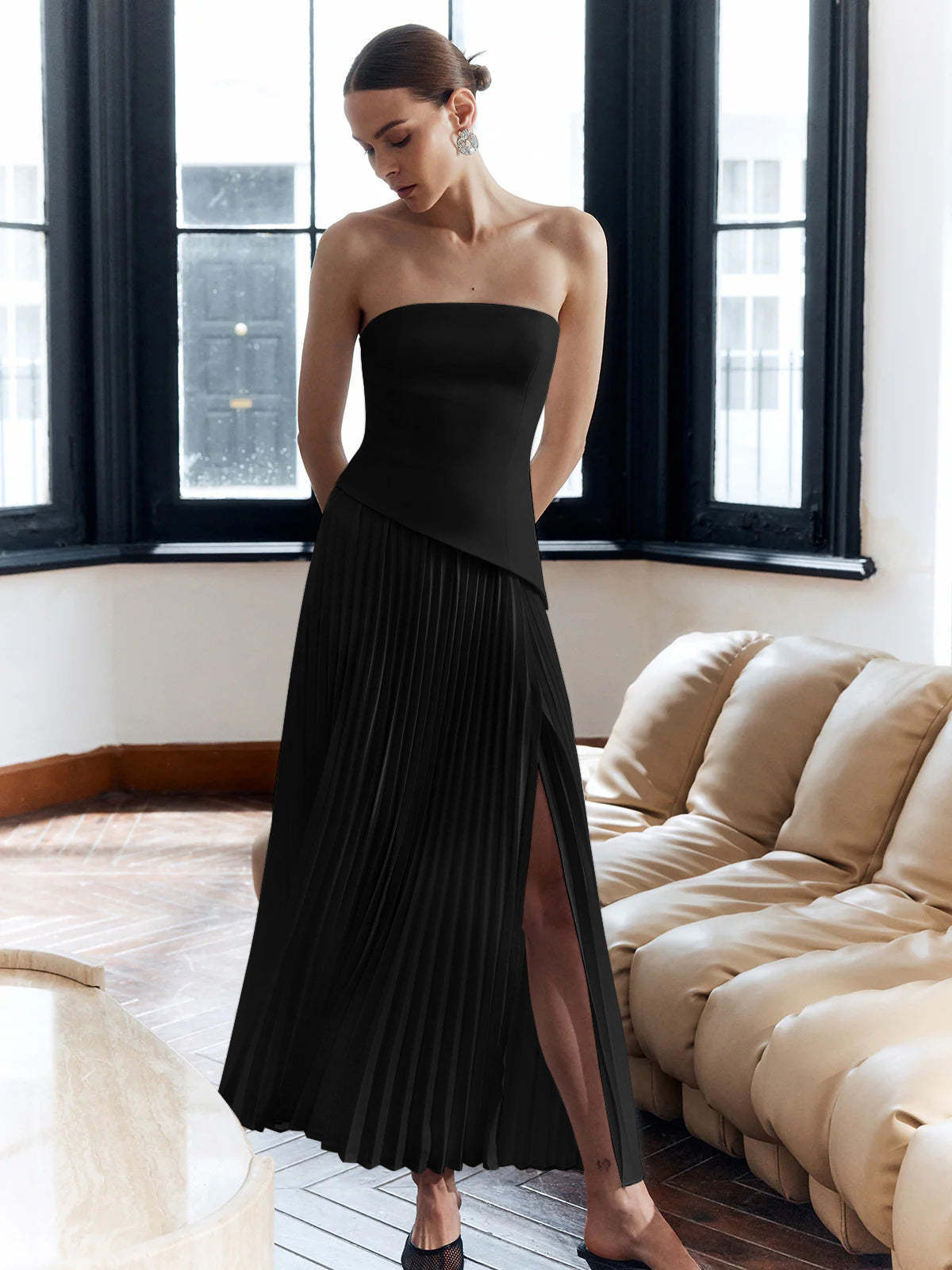 Color Matching Tube Top Off-the-shoulder Dress