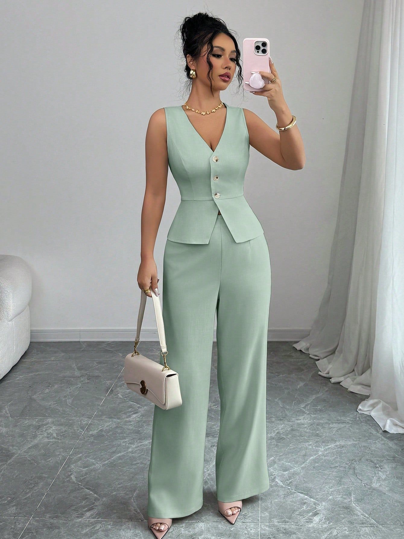 Solid Color Sleeveless Slim Fit Two-piece Set