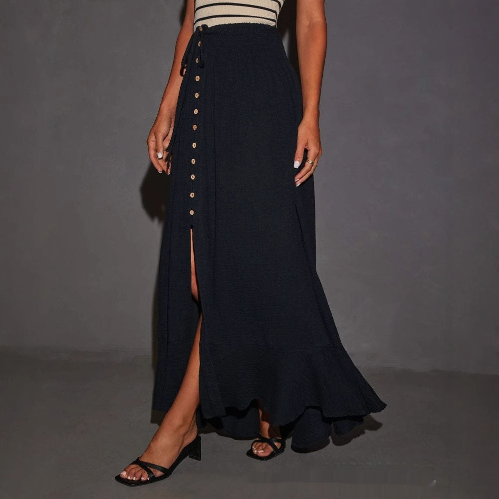 Solid Color Lace-up Waist-slimming Long Dress