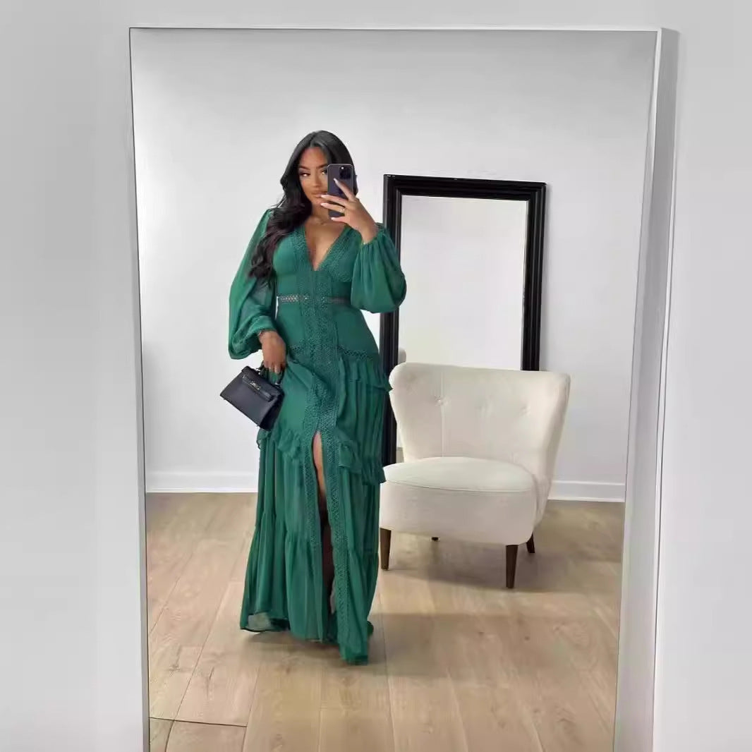 Stitching Long Sleeve Elegant V-neck Dress