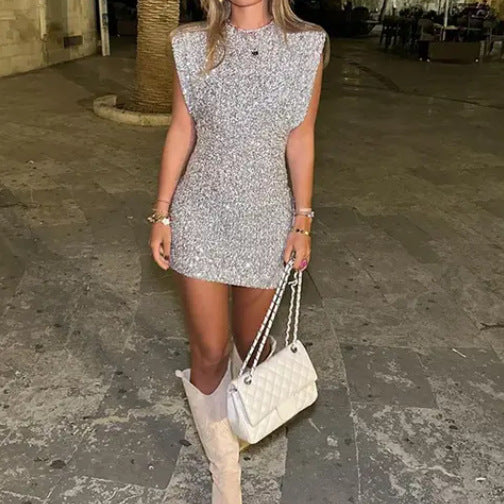 Sleeveless Shoulder Sequins Socialite Dress