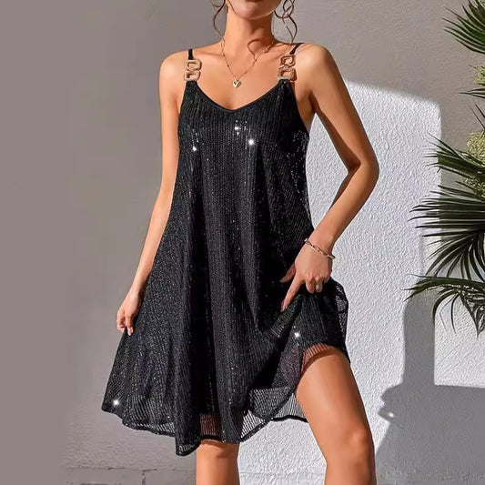Solid European Style Elegant Sequins Dress