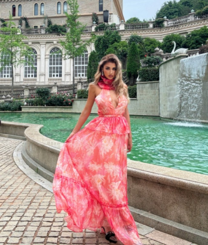 Sleeveless Halter Floral Dress