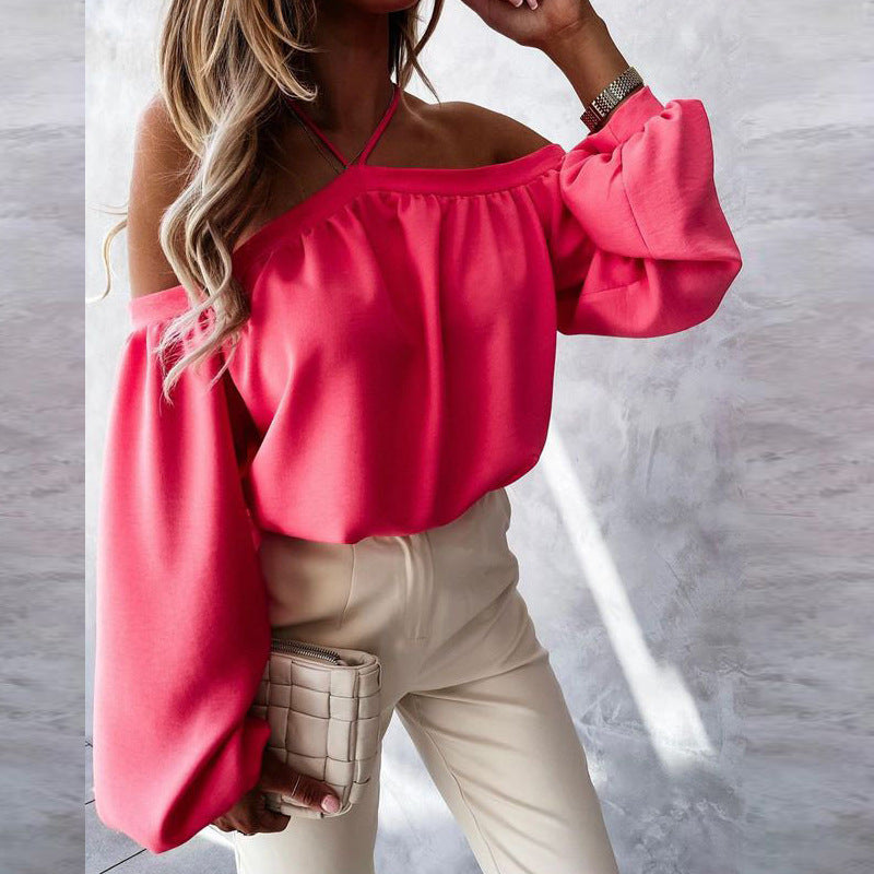 Elegant women's strapless long-sleeve casual top by M Chic Boutique, solid color hanging neck design, suitable for casual wear.