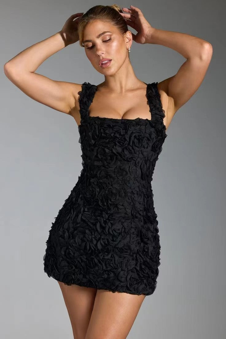 Solid Three-dimensional Flower Dress