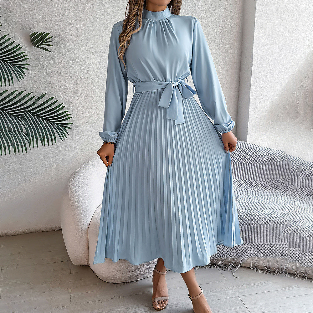 High Neck Long Sleeve Pleated Maxi Dress