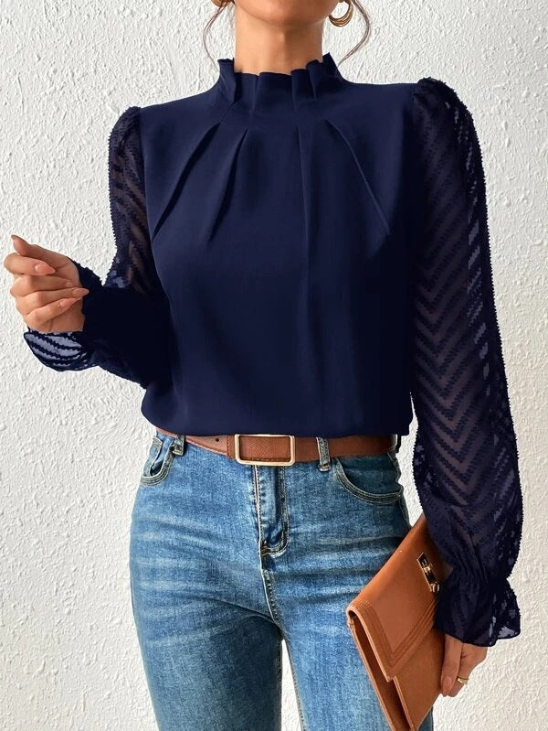 Half-turtleneck Stitching Wavy Chiffon Top