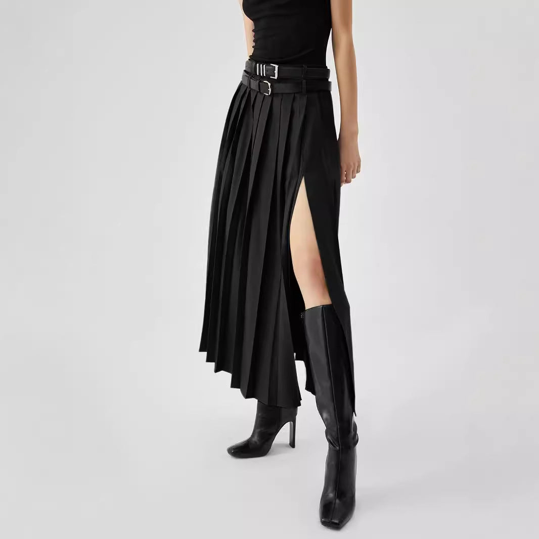 High waist slit pleated skirt by M Chic Boutique, featuring elegant pleats and a stylish side slit for a chic look.