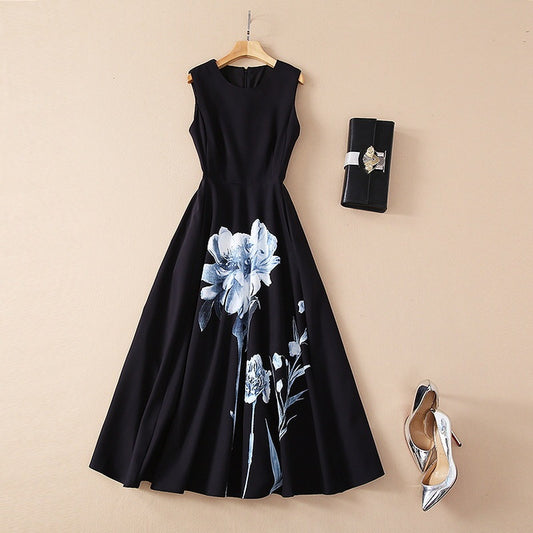 Thin Black Flower Swing French Dress