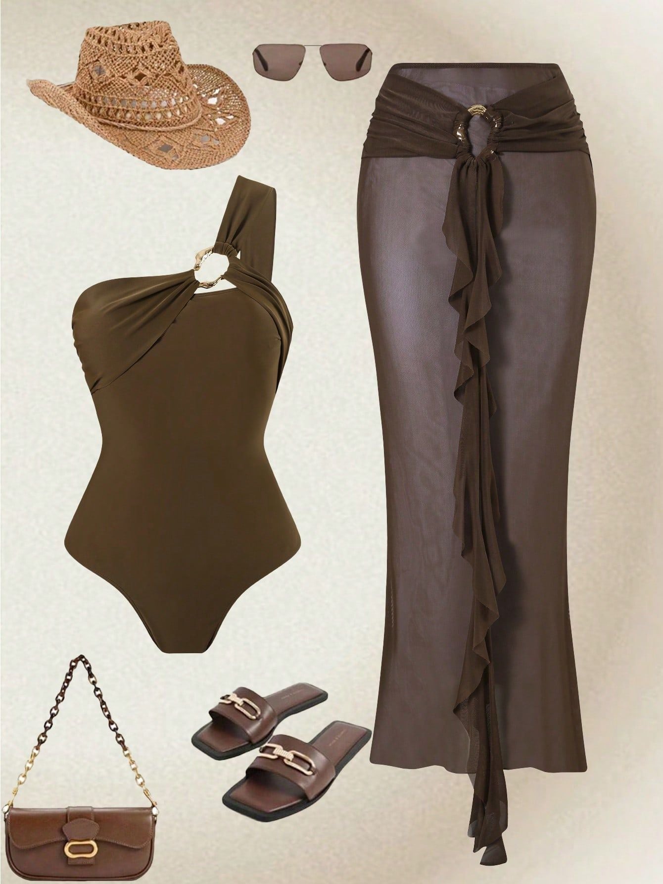 M Chic Boutique one-piece swimsuit set in vibrant color with stylish cut and comfortable fit displayed on a mannequin.