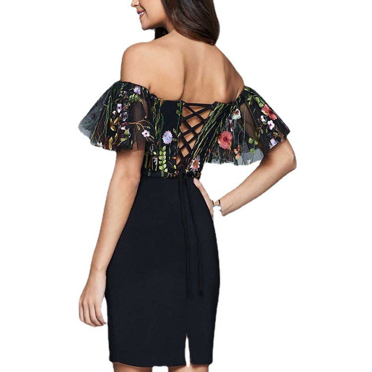 Mesh Embroidery European Lace-up Dress