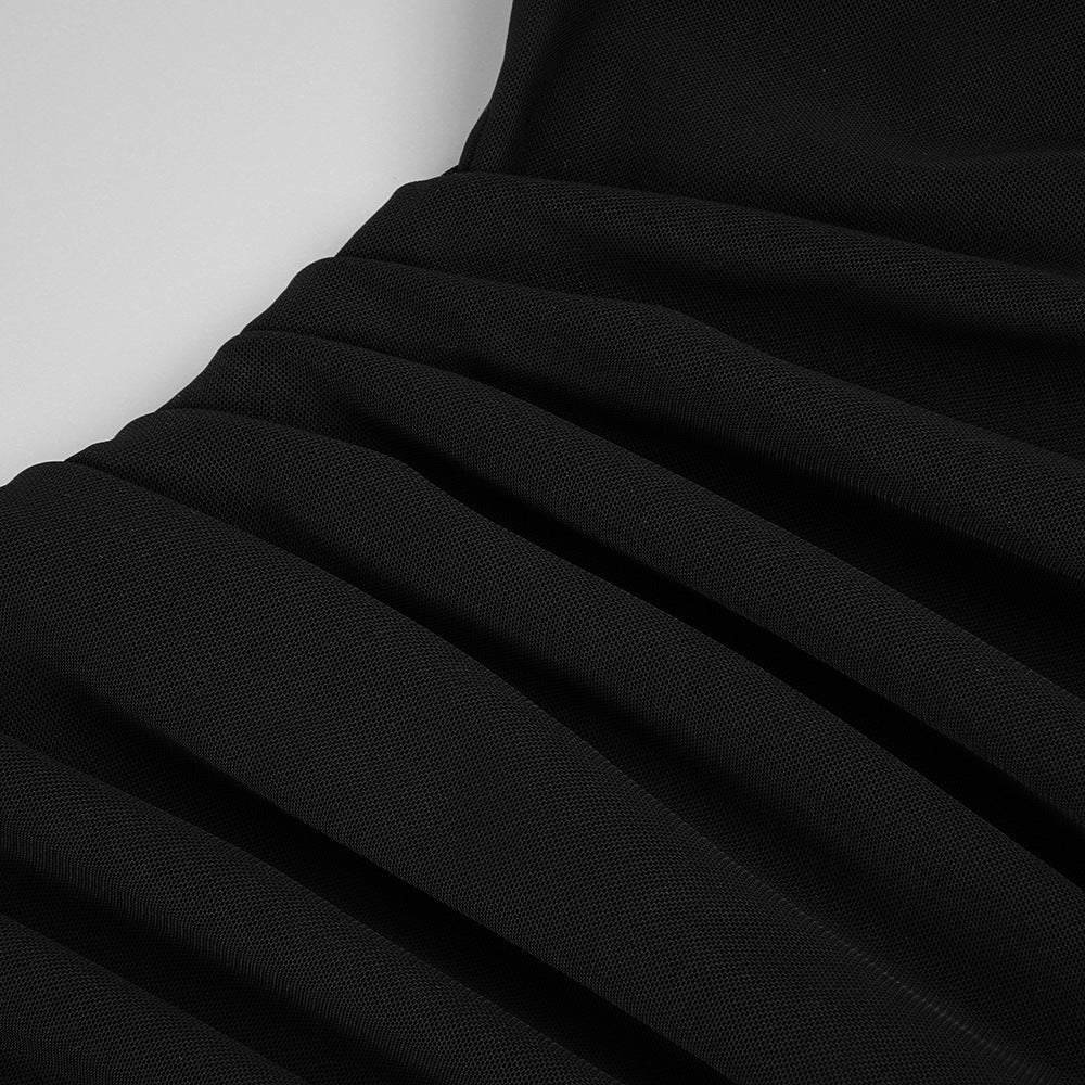 Black Flower Halter Backless Mesh Dress