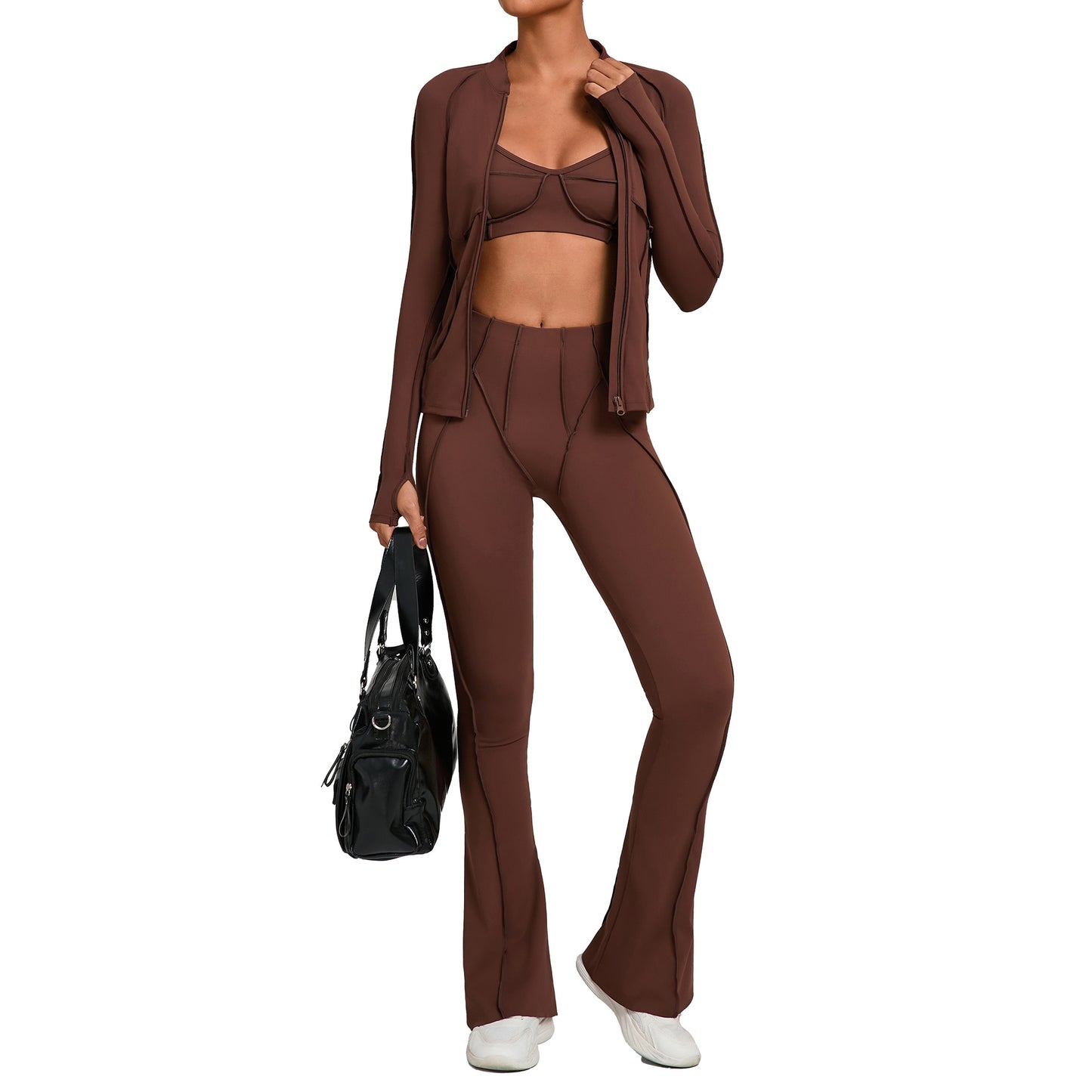 M Chic Boutique activewear zip-up top and matching yoga pants set, shown in a comfortable, stylish fit.