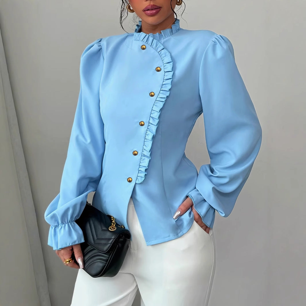 Women's Elegant French Asymmetrical Button-down Long Sleeve Blouse