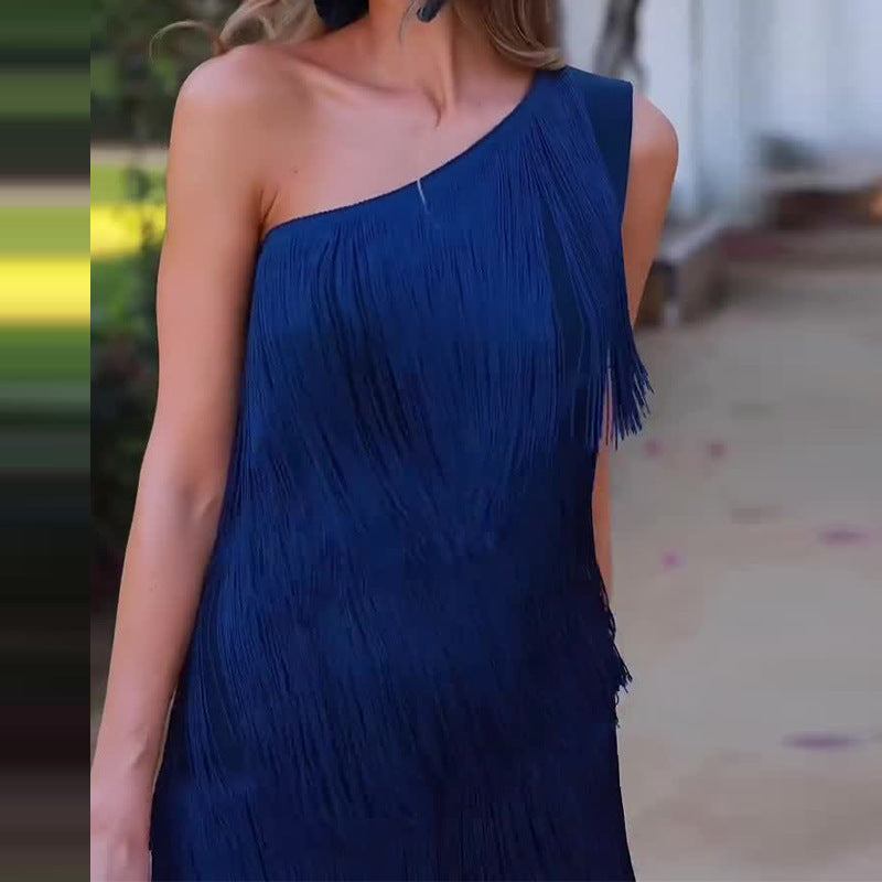 Solid Color Diagonal Multi-layer Tassel Dress