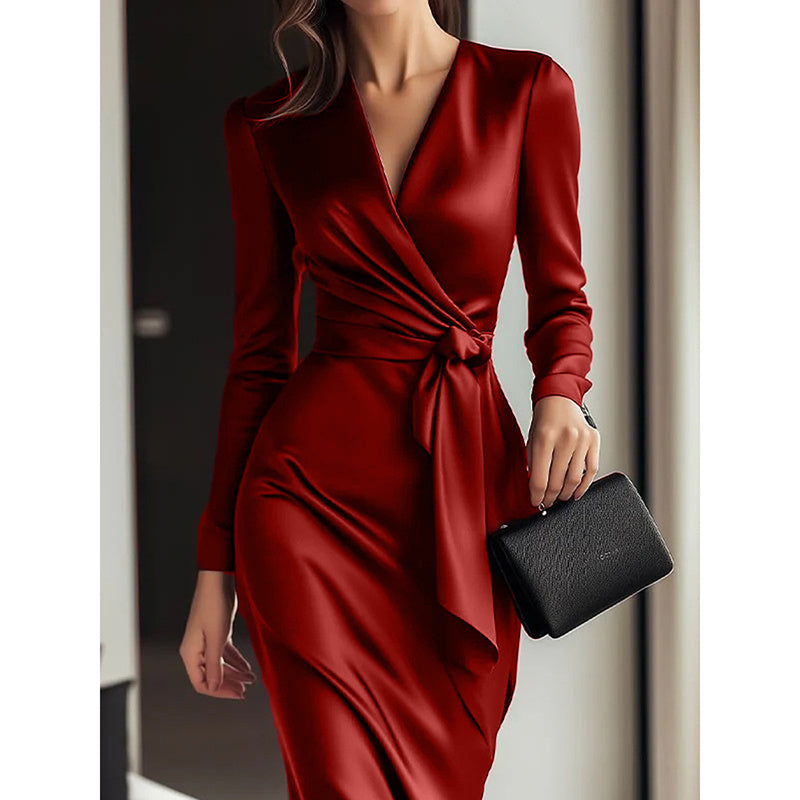 Satin Midi Dress Elegant V-Neck