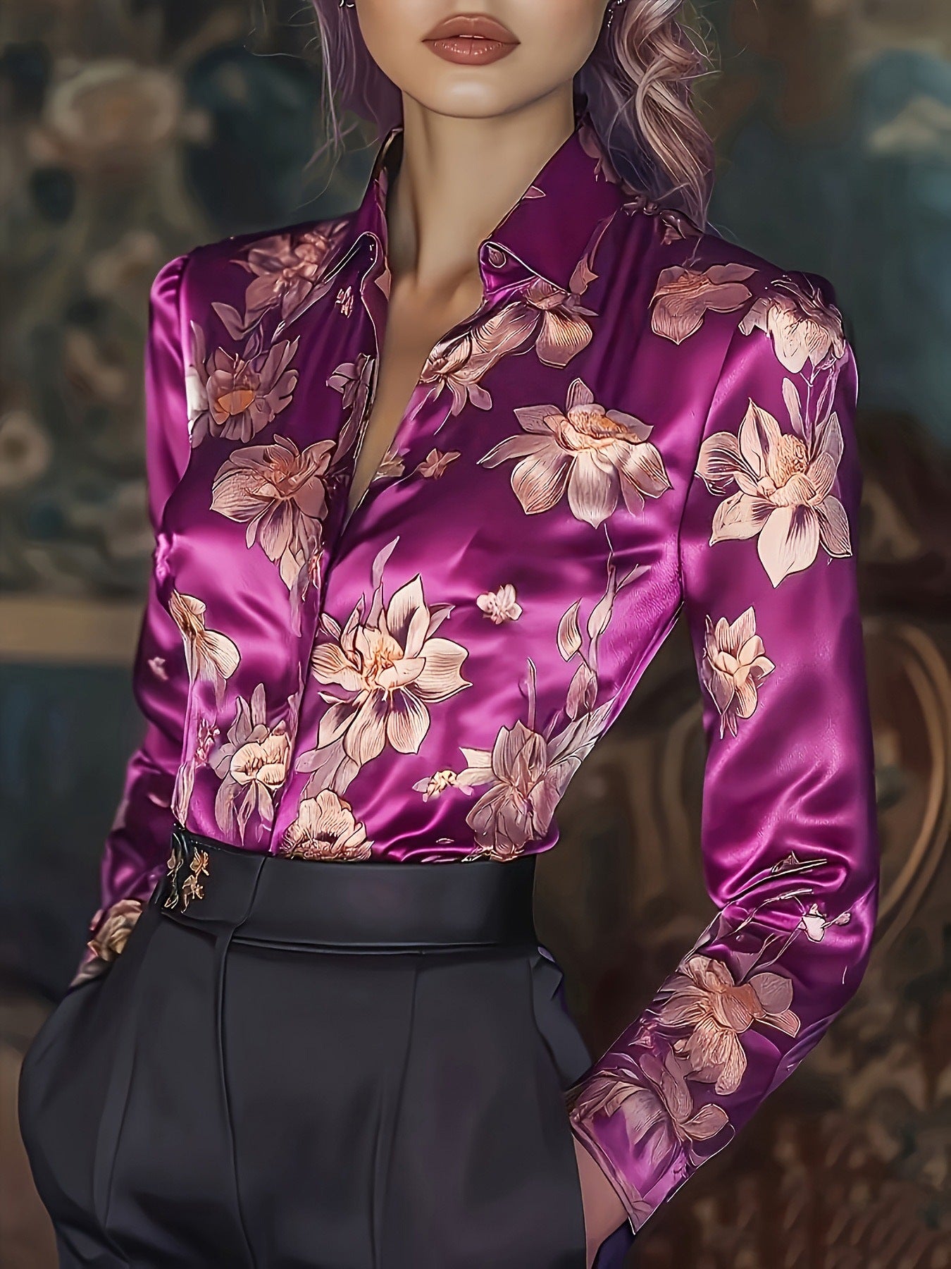 Satin Long-Sleeve Shirt - M Chic Boutique