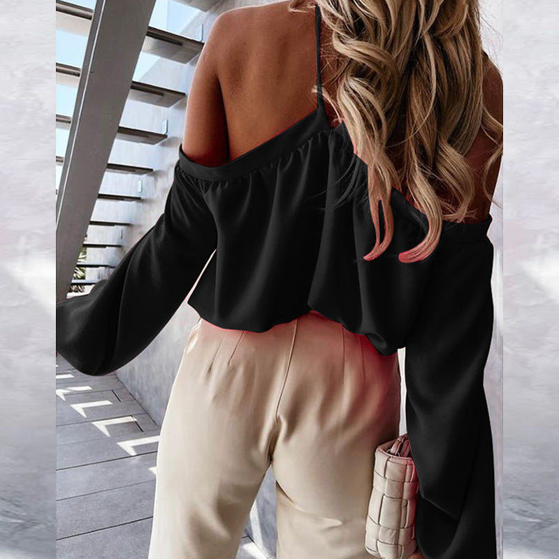 Elegant women's strapless long-sleeve casual top by M Chic Boutique featuring a solid color hanging neck design.