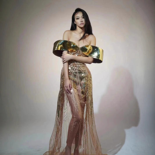 Gold Strapless Sequined Split Dress
