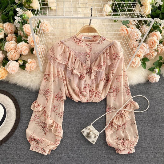 See-through Mesh Ruffled Blouse