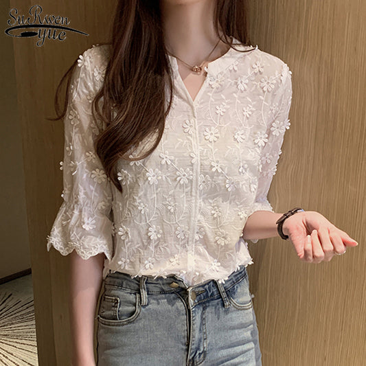 Lace Shirt Flared Embroidered Blouse