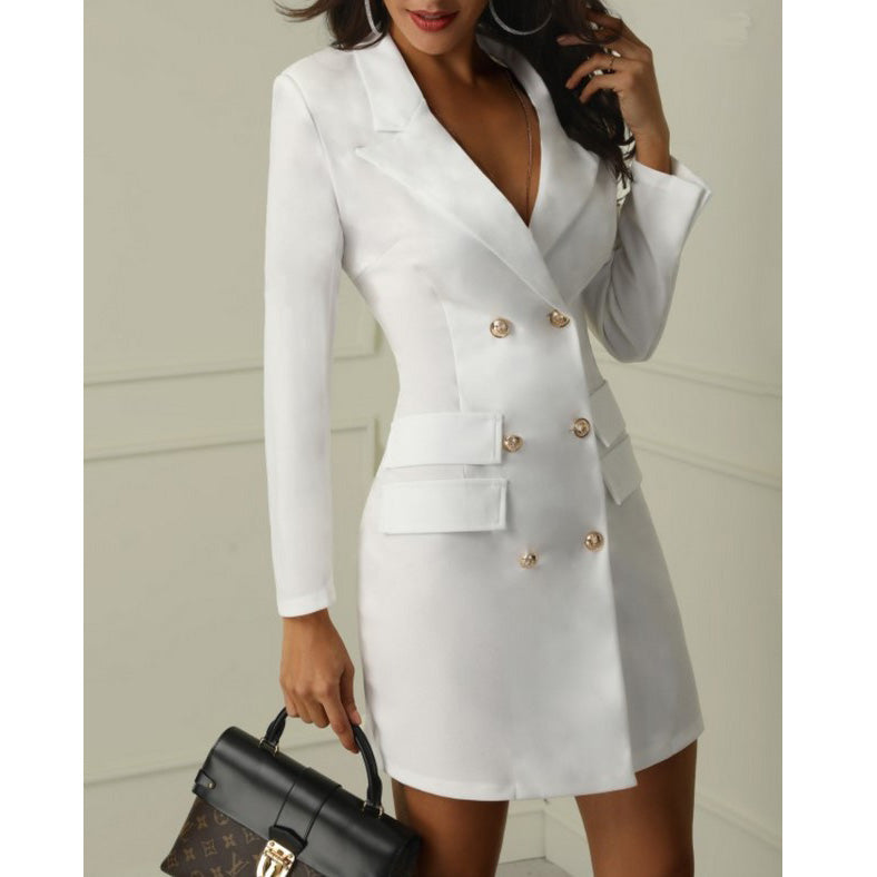 Double breasted dress in elegant style by M Chic Boutique, featuring a tailored fit and classic button details.