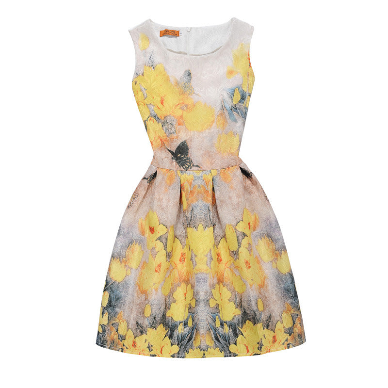 M Chic Boutique printed A-line dress featuring a vibrant floral pattern and a flattering silhouette on a mannequin.