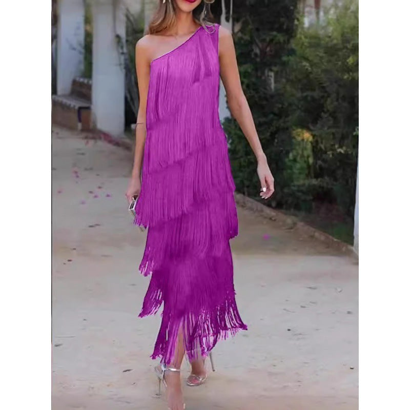 Solid Color Diagonal Multi-layer Tassel Dress