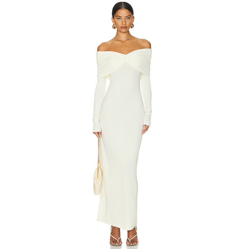 Solid Color French Style Off-shoulder Long Sleeve Dress