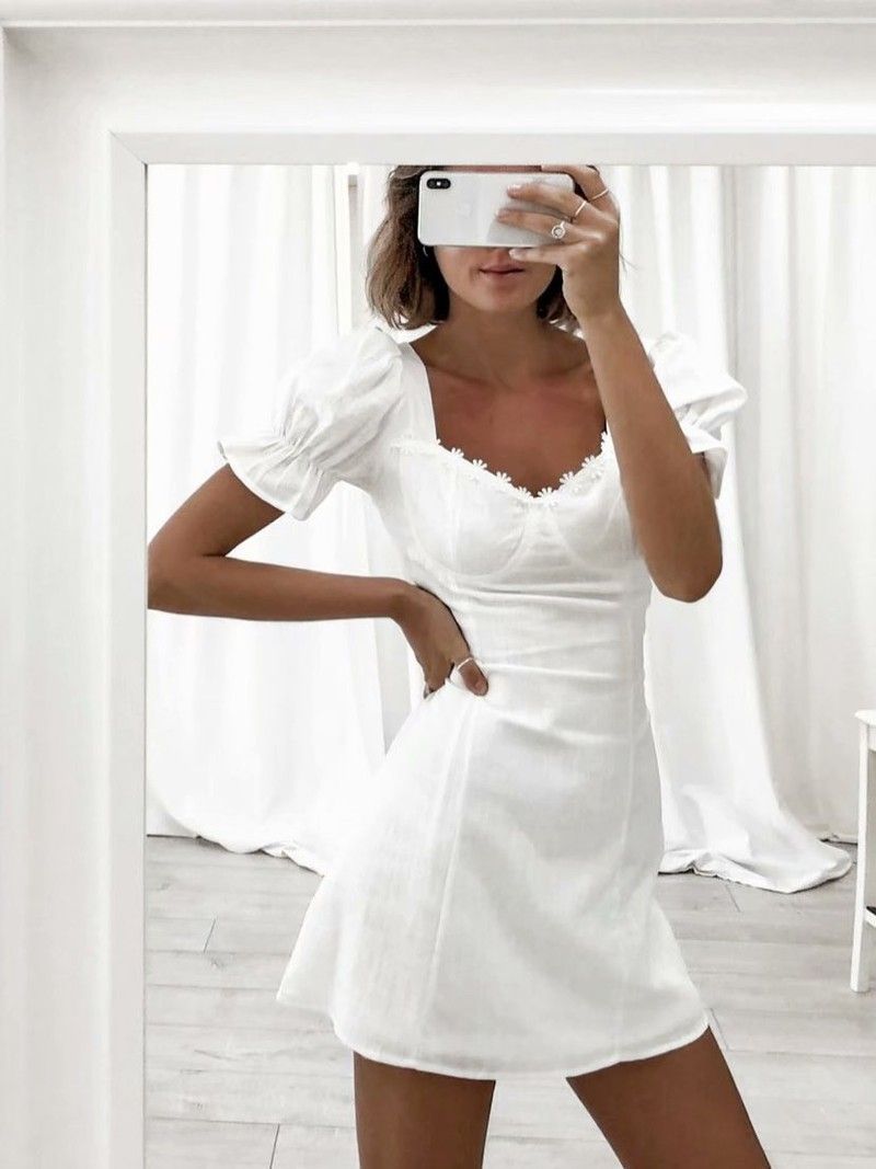 Square Neck Short-Sleeved Flower Dress