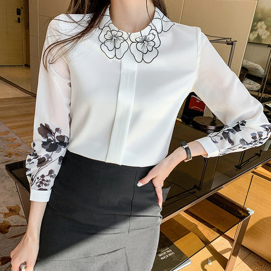 Petal Collar Chiffon Shirt Sleeve Print All-match Blouse