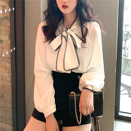 Solid Color Blouse with Bow