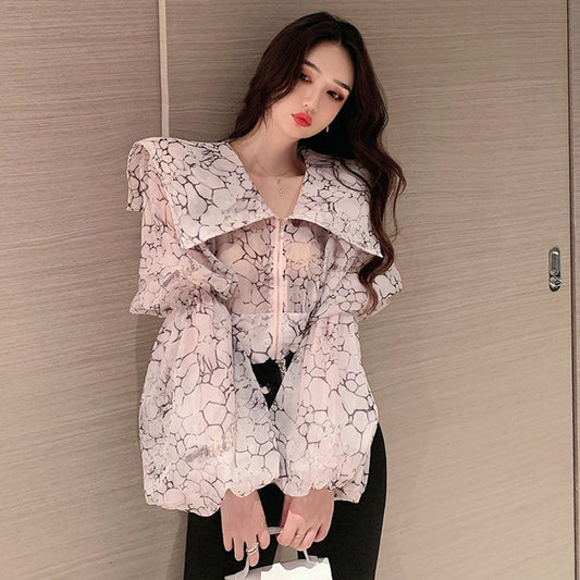 Large Lapel Elegant French Puff Sleeve Flower Shirt