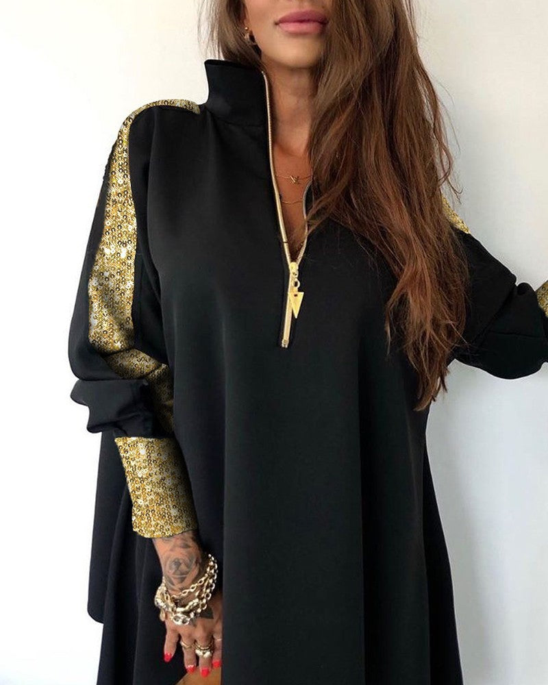 Solid Color Blouse with Sequined Zipper