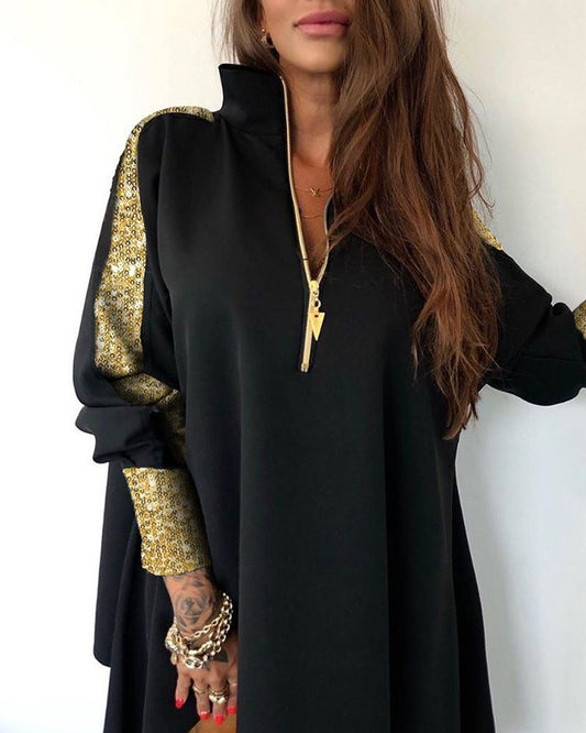 Solid Color Blouse with Sequined Zipper