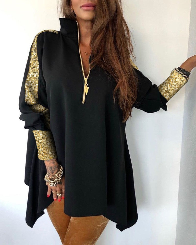 Solid Color Blouse with Sequined Zipper