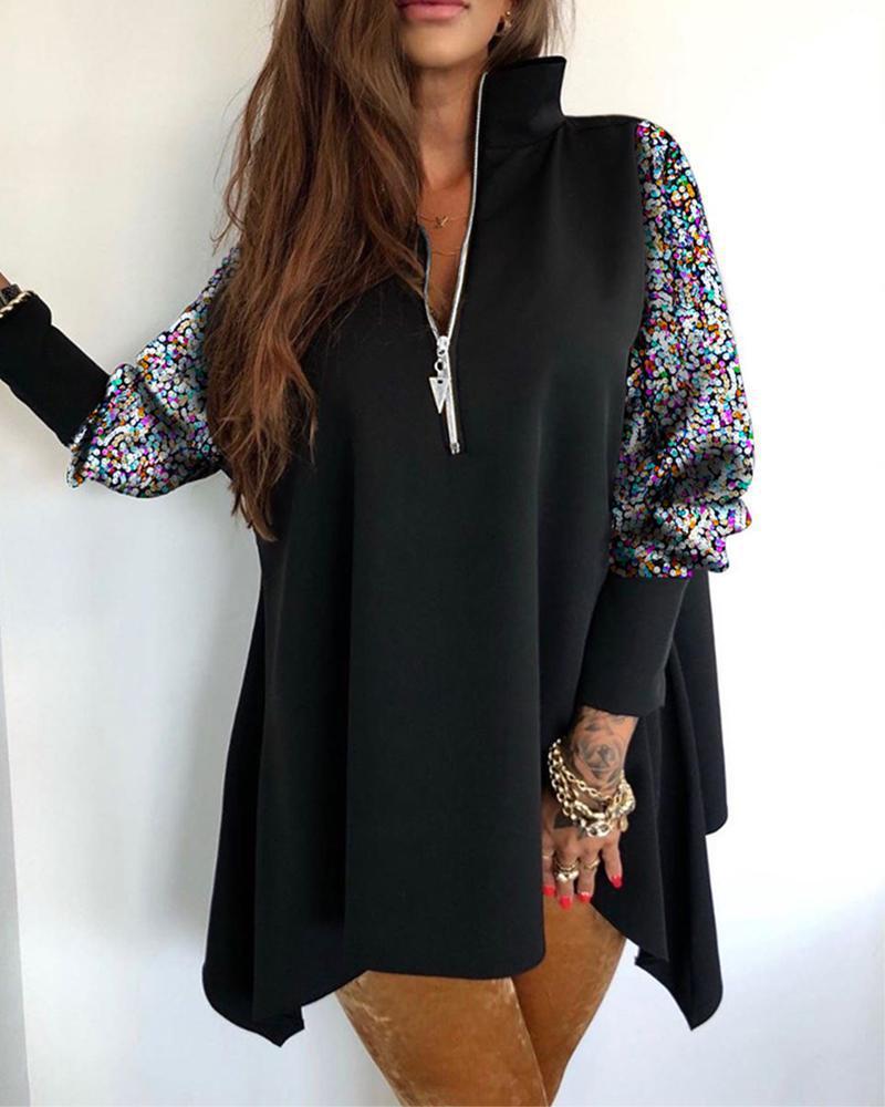 Solid Color Blouse with Sequined Zipper