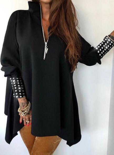 Solid Color Blouse with Sequined Zipper