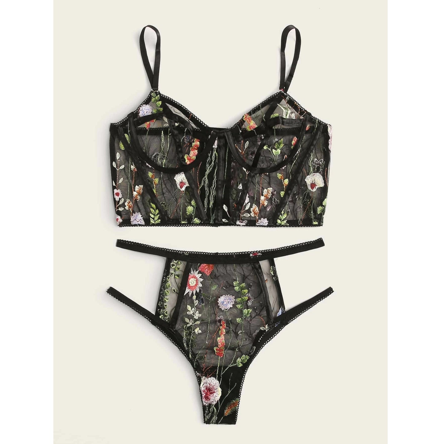 Mesh See-through Floral Embroidery Bra Set