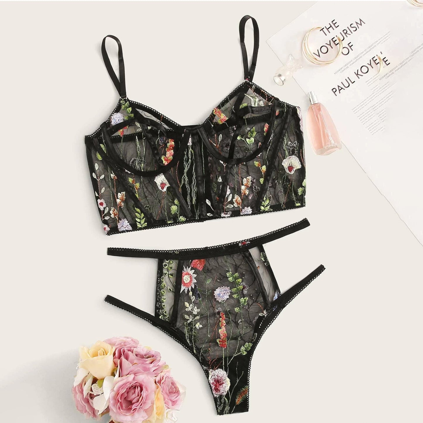 Mesh See-through Floral Embroidery Bra Set