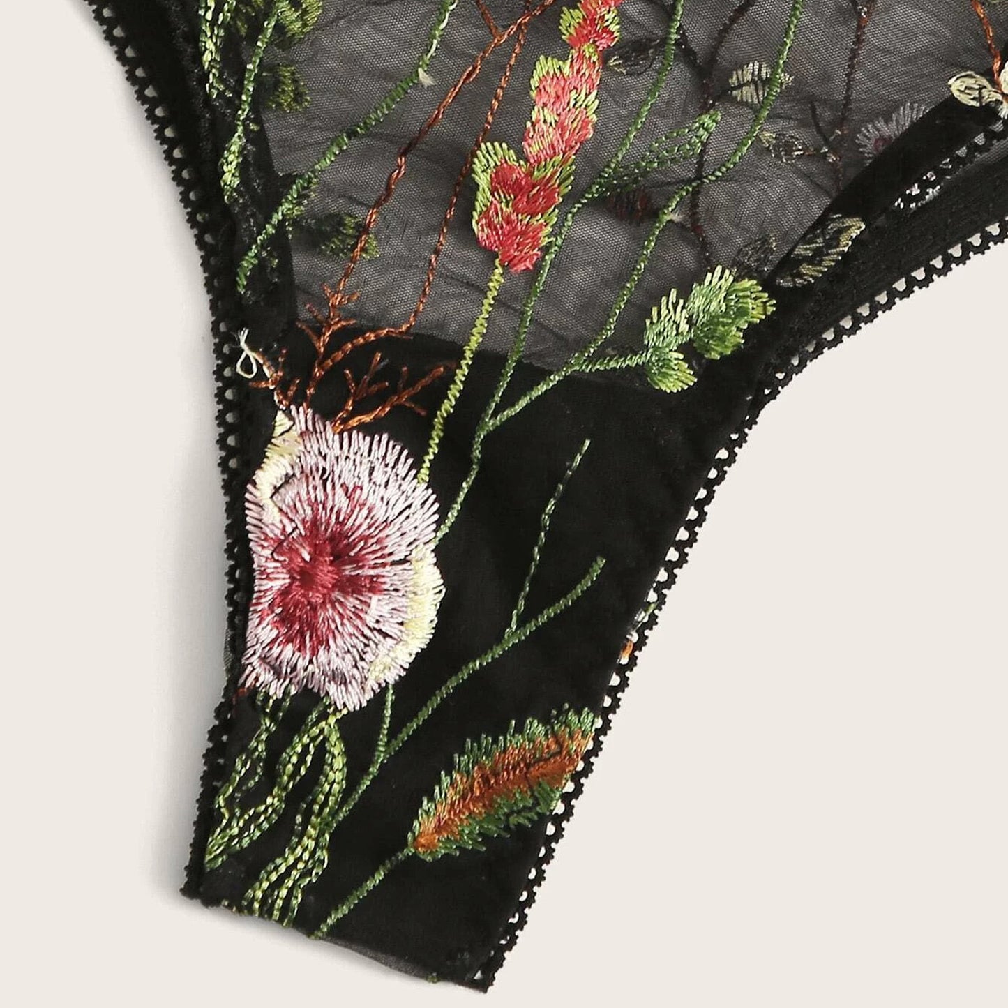 Mesh See-through Floral Embroidery Bra Set