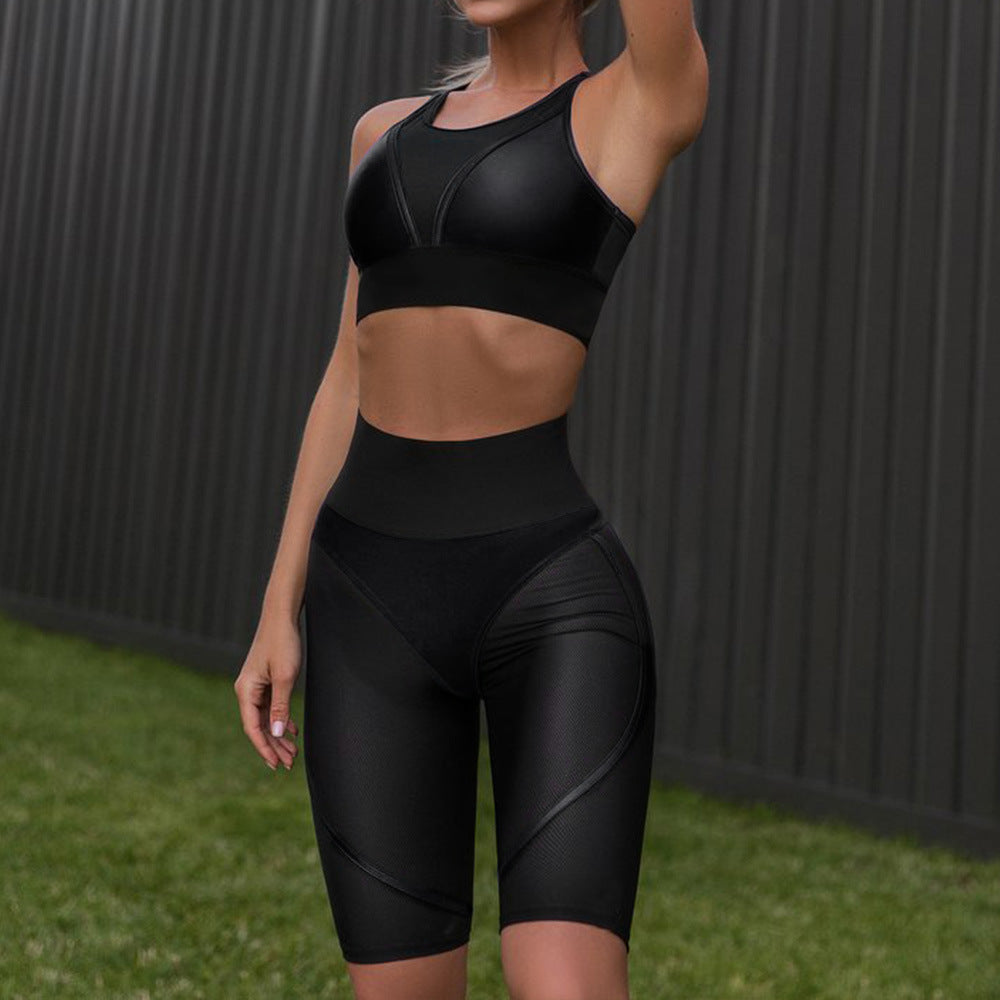 Two-piece workout outfit with accessories from M Chic Boutique, featuring athletic tops and matching leggings for activewear.