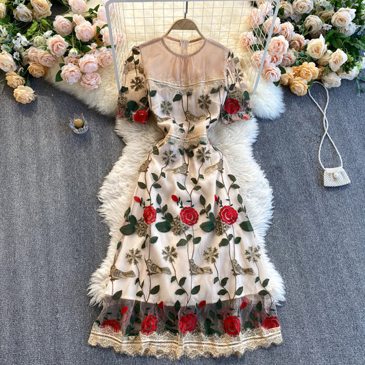 Waist Slimming Embroidered Flower Mid-length Dress