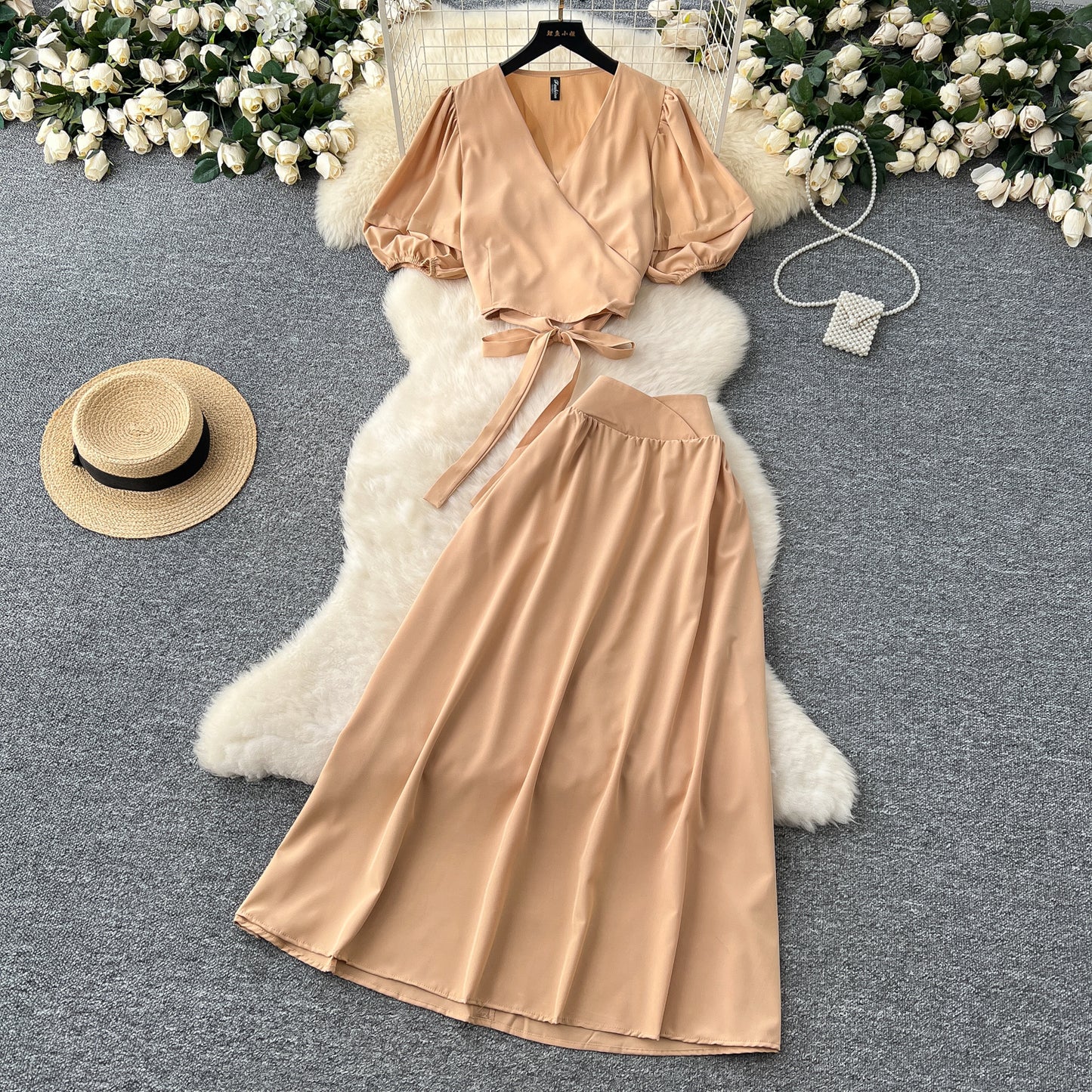 V-neck Puffed-sleeve Shirt Skirt Set