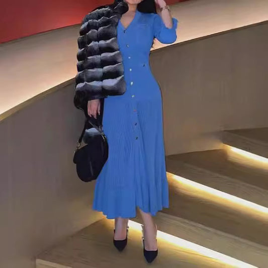 French Style Elegant V-neck Ruffle Sleeve Mid-length Knitted Dress