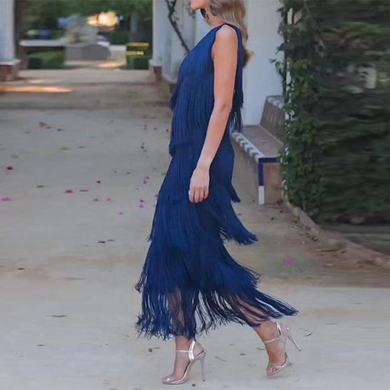 Solid Color Diagonal Multi-layer Tassel Dress